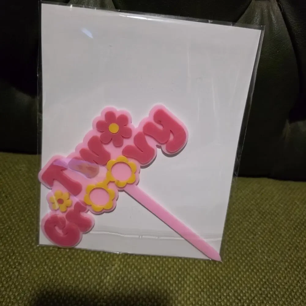 Two groovy Cake Topper Pink Yellow Flowers Premium Double Layer Design 5.5x6.25